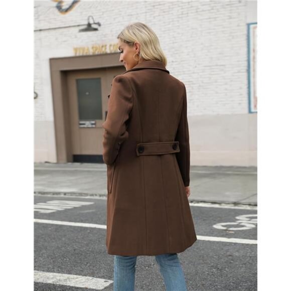 Women Mid-Long Coat Notch Double-Breasted Coffee - Picture 3 of 6
